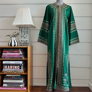 Vintage 1970s Moroccan Kaftan Dress with Metallic Gold Embroidery